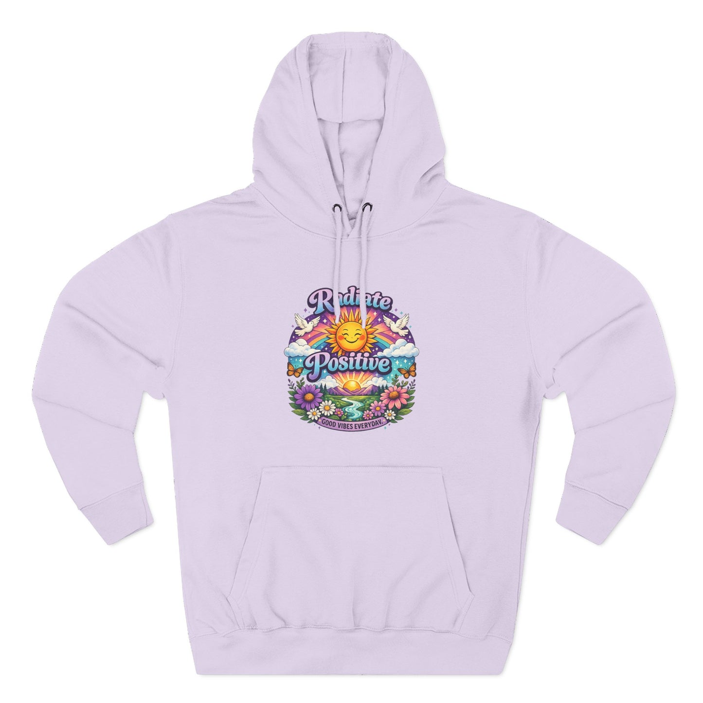 Radiate Positive Hoodie – Front Graphic with Cuddle Crew Back Design | Purple Teal Sunshine Hoodie | Positive Vibes Mental Health Apparel