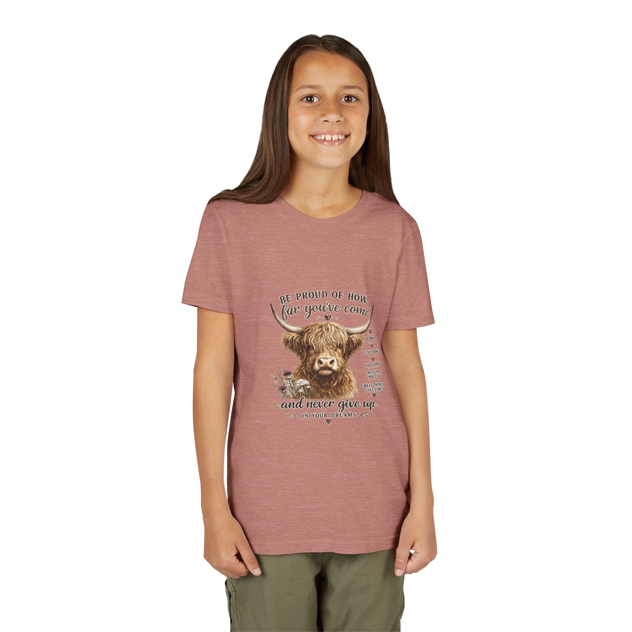 Highland Cow Kids T-Shirt | Be Proud of How Far You’ve Come Motivational Youth Tee | Inspirational Farm Animal Shirt for Boys & Girls