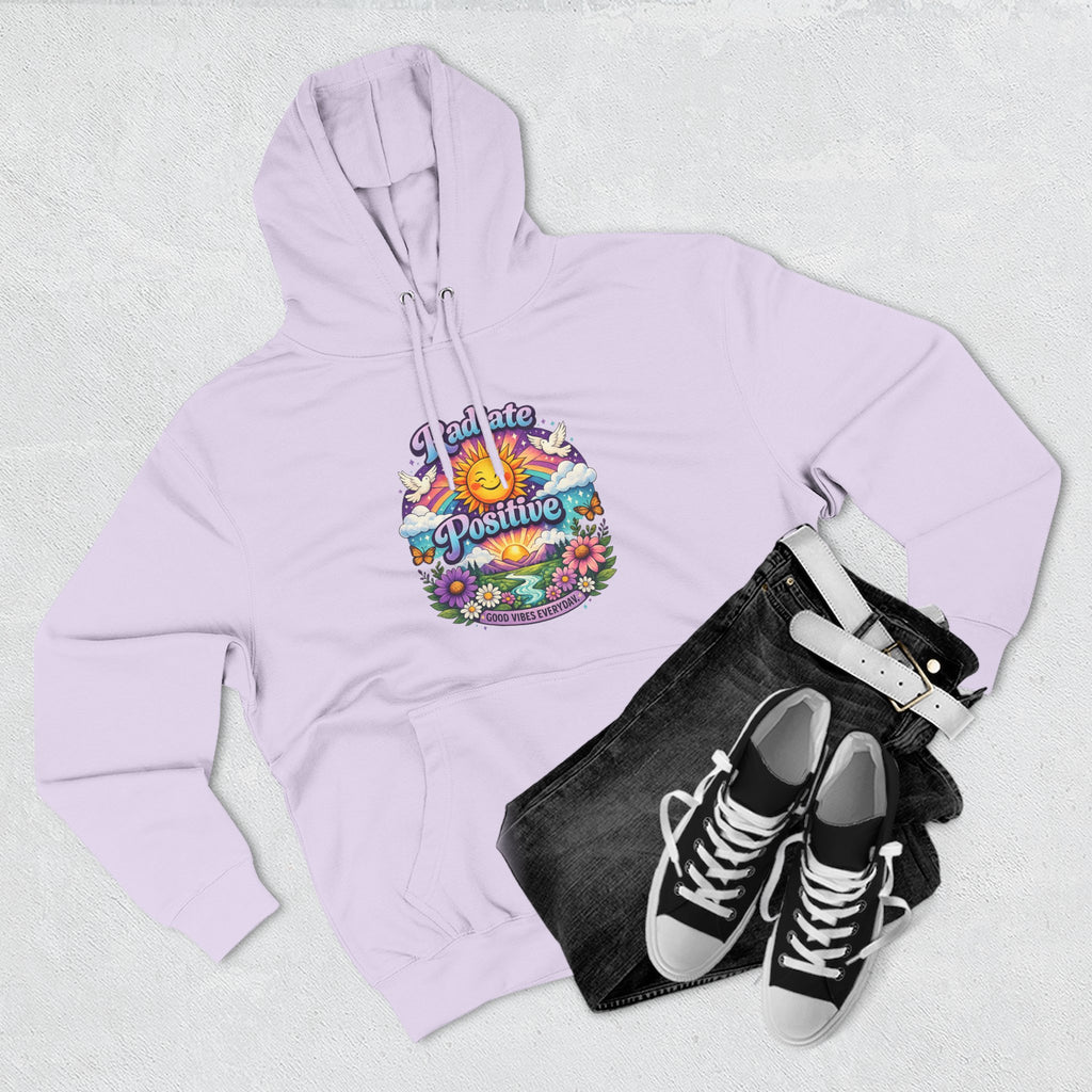 Radiate Positive Hoodie – Front Graphic with Cuddle Crew Back Design | Purple Teal Sunshine Hoodie | Positive Vibes Mental Health Apparel