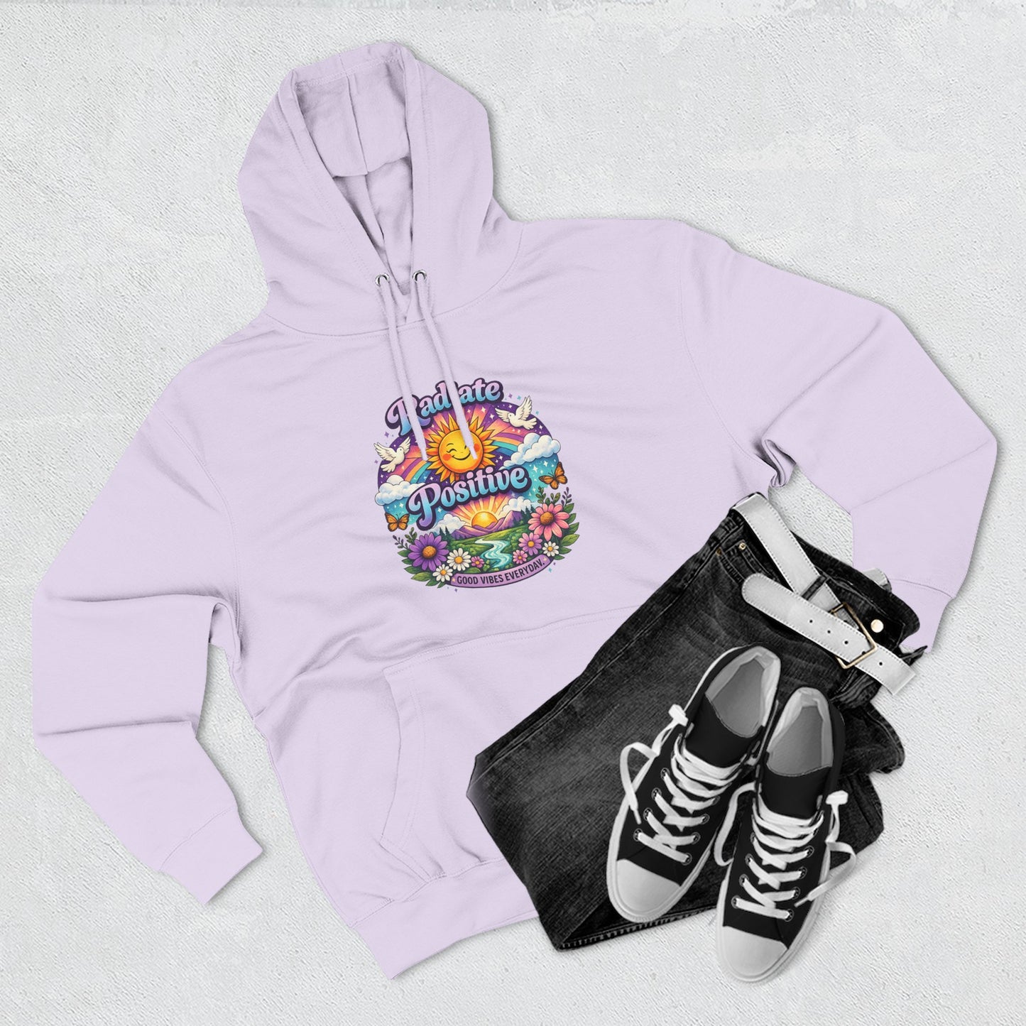 Radiate Positive Hoodie – Front Graphic with Cuddle Crew Back Design | Purple Teal Sunshine Hoodie | Positive Vibes Mental Health Apparel