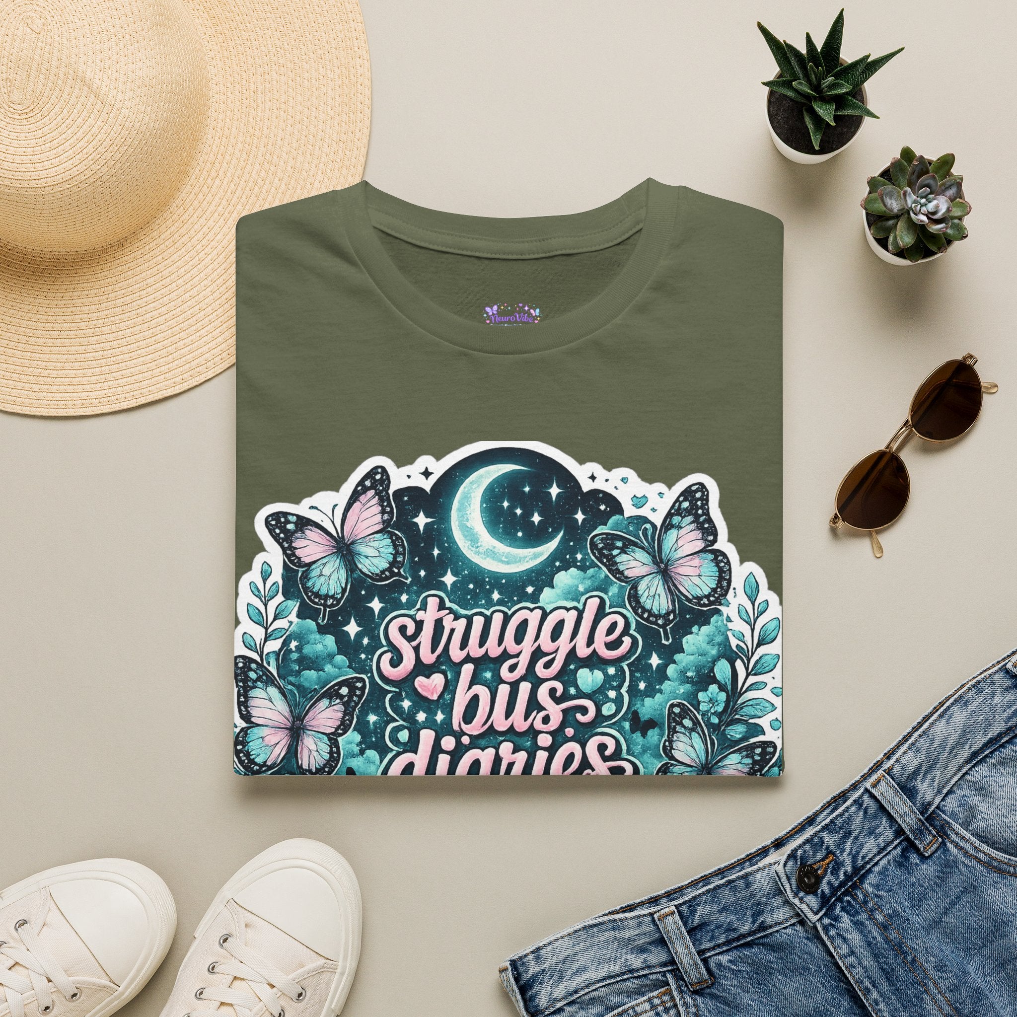 Struggle Bus Diaries Moon Shirt | Neurodivergent Mom Gift | ADHD Autism Awareness Tee | Butterfly Graphic Shirt | NeuroVibe Apparel