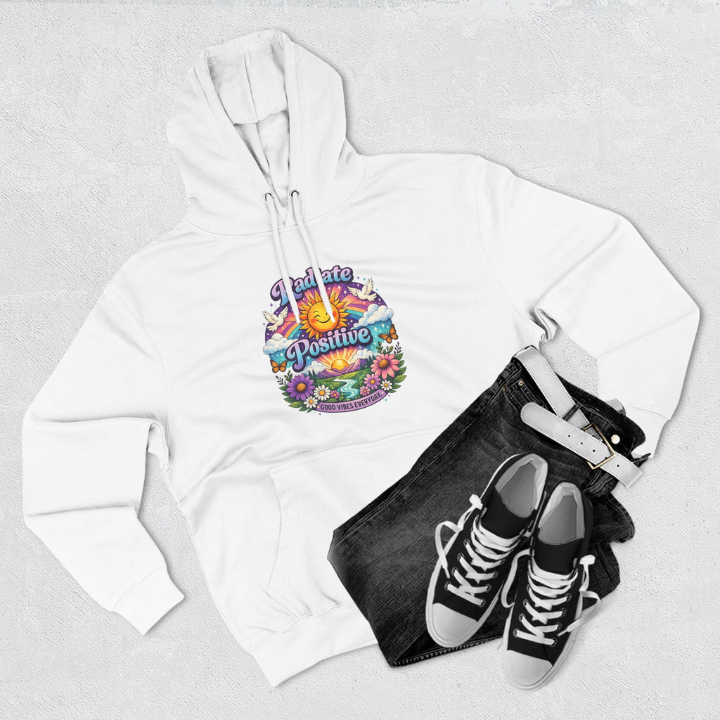 Radiate Positive Hoodie – Front Graphic with Cuddle Crew Back Design | Purple Teal Sunshine Hoodie | Positive Vibes Mental Health Apparel