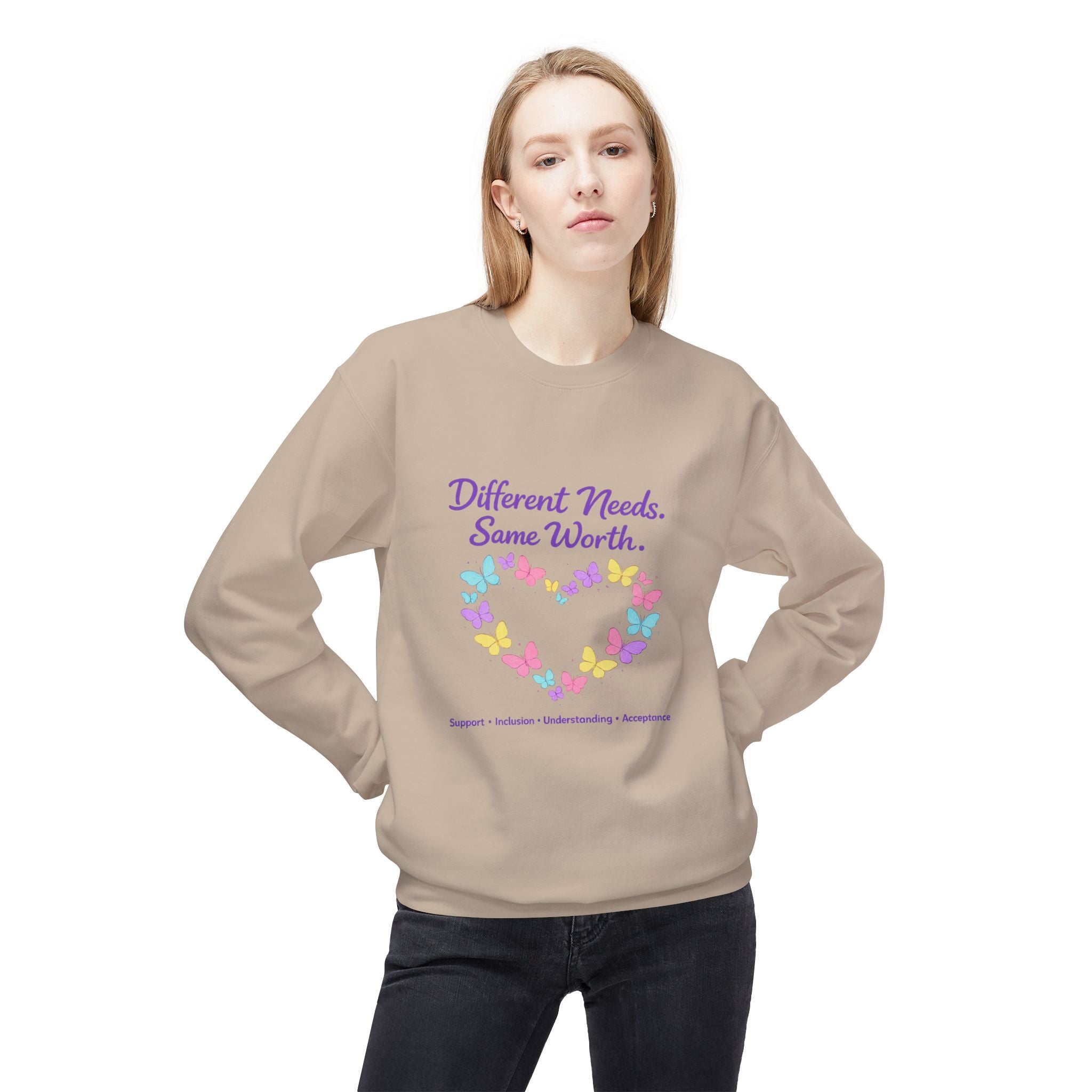 Different Needs Same Worth Crewneck | Special Needs Awareness Sweatshirt | Neurodiversity Acceptance Butterfly Sweatshirt | Inclusion Support Sweatshirt
