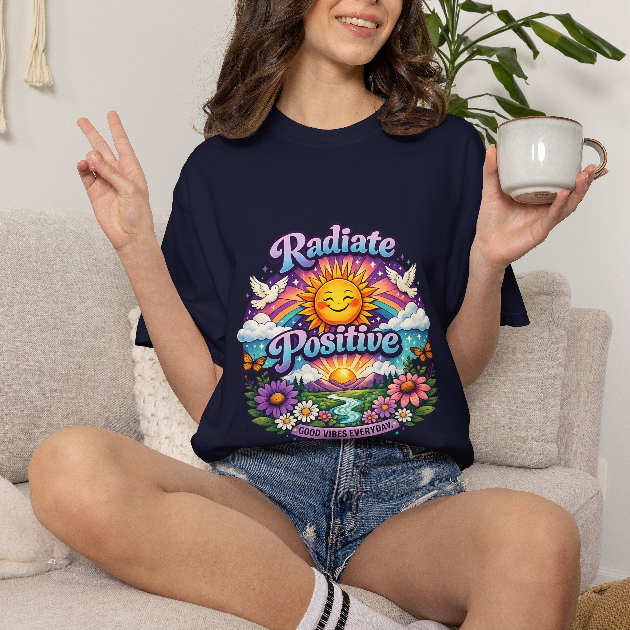Radiate Positive Shirt – Groovy Purple & Teal Sunshine Floral Tee | Mental Health Awareness Gift