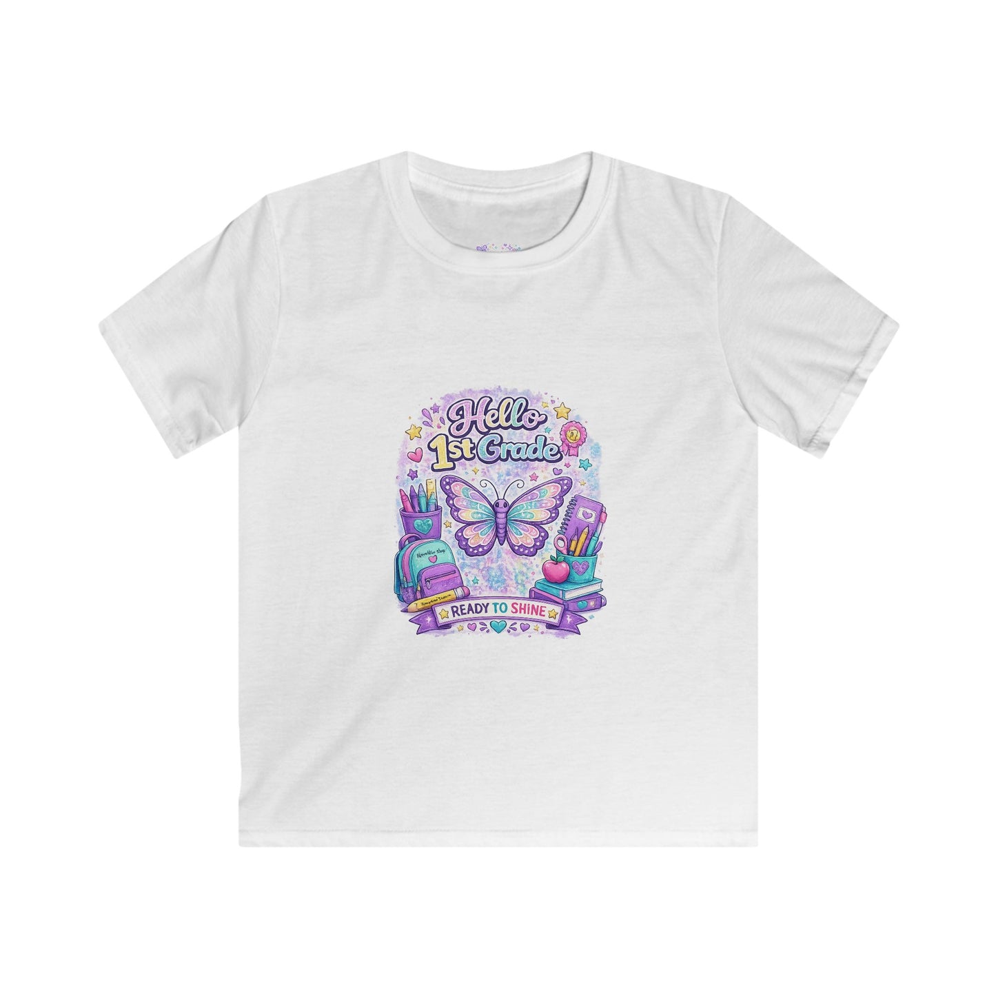 Hello 1st Grade Ready to Shine T-Shirt | First Grade Butterfly Shirt | First Day of School Tee | Back to School Kids Apparel 🦋📚🎒💜
