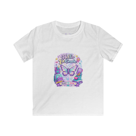 Hello 1st Grade Ready to Shine T-Shirt | First Grade Butterfly Shirt | First Day of School Tee | Back to School Kids Apparel 🦋📚🎒💜