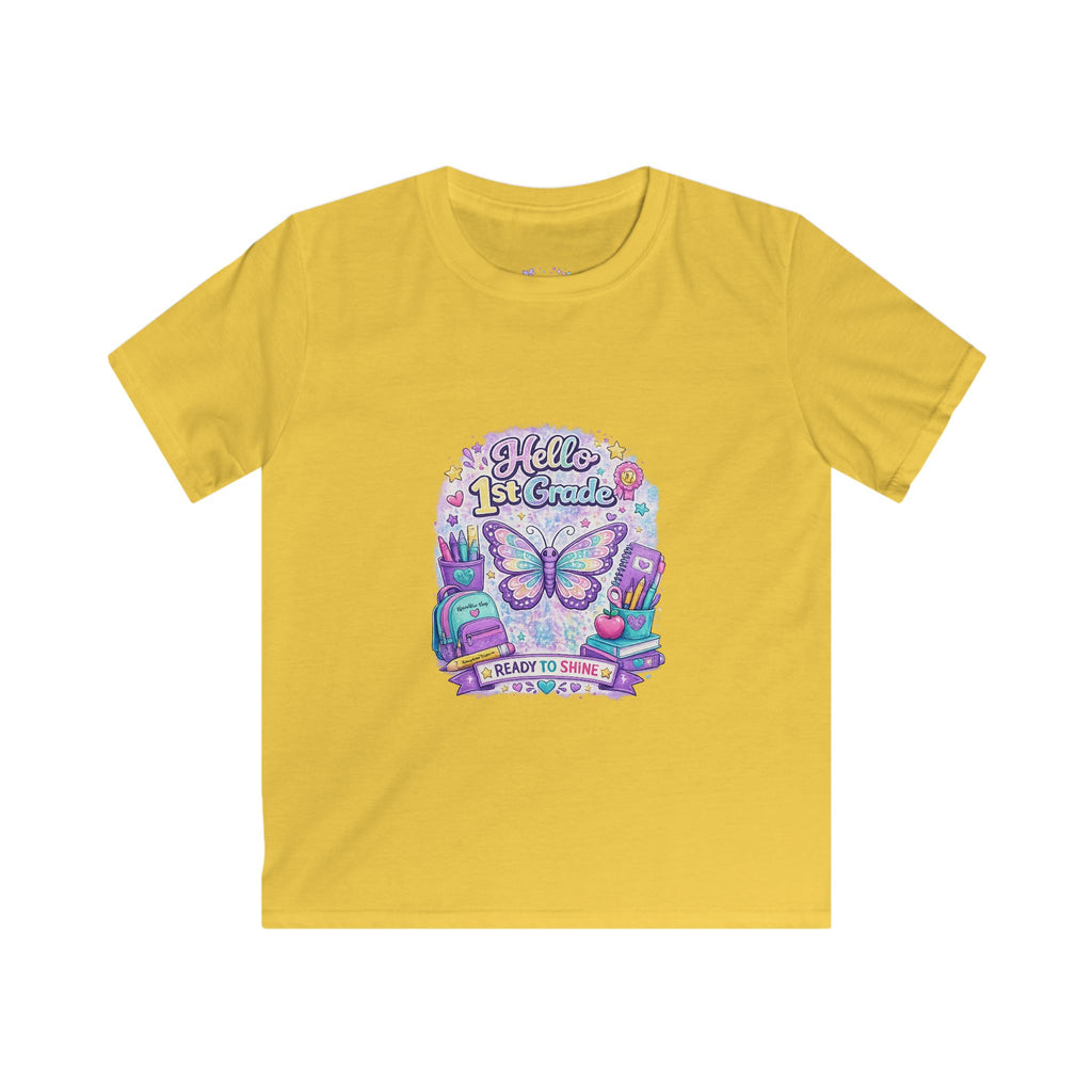 Hello 1st Grade Ready to Shine T-Shirt | First Grade Butterfly Shirt | First Day of School Tee | Back to School Kids Apparel 🦋📚🎒💜