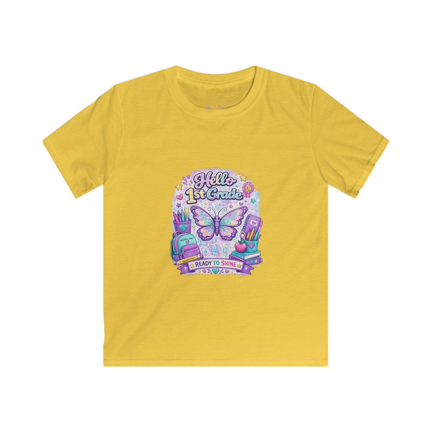 Hello 1st Grade Ready to Shine T-Shirt | First Grade Butterfly Shirt | First Day of School Tee | Back to School Kids Apparel 🦋📚🎒💜
