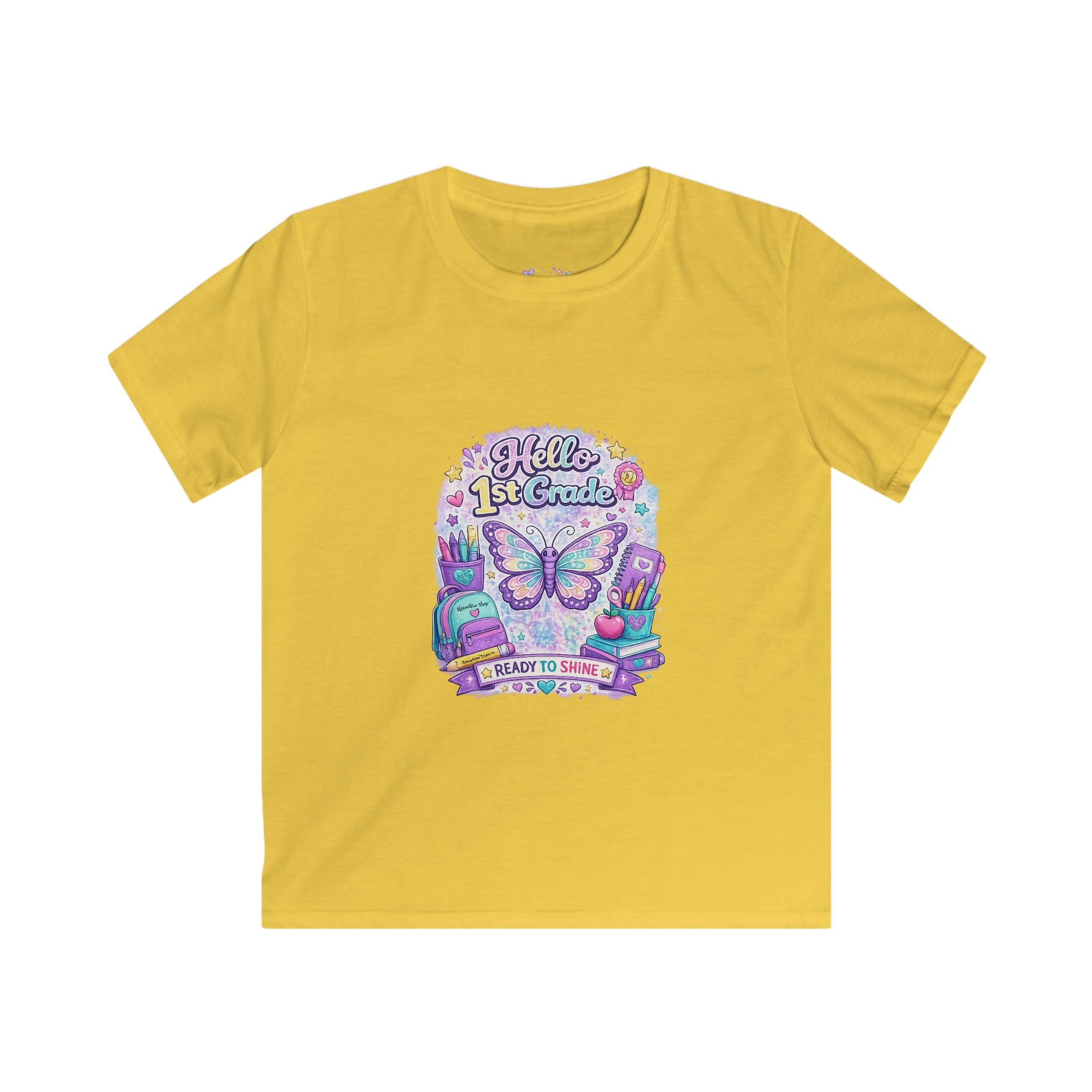 Hello 1st Grade Ready to Shine T-Shirt | First Grade Butterfly Shirt | First Day of School Tee | Back to School Kids Apparel 🦋📚🎒💜
