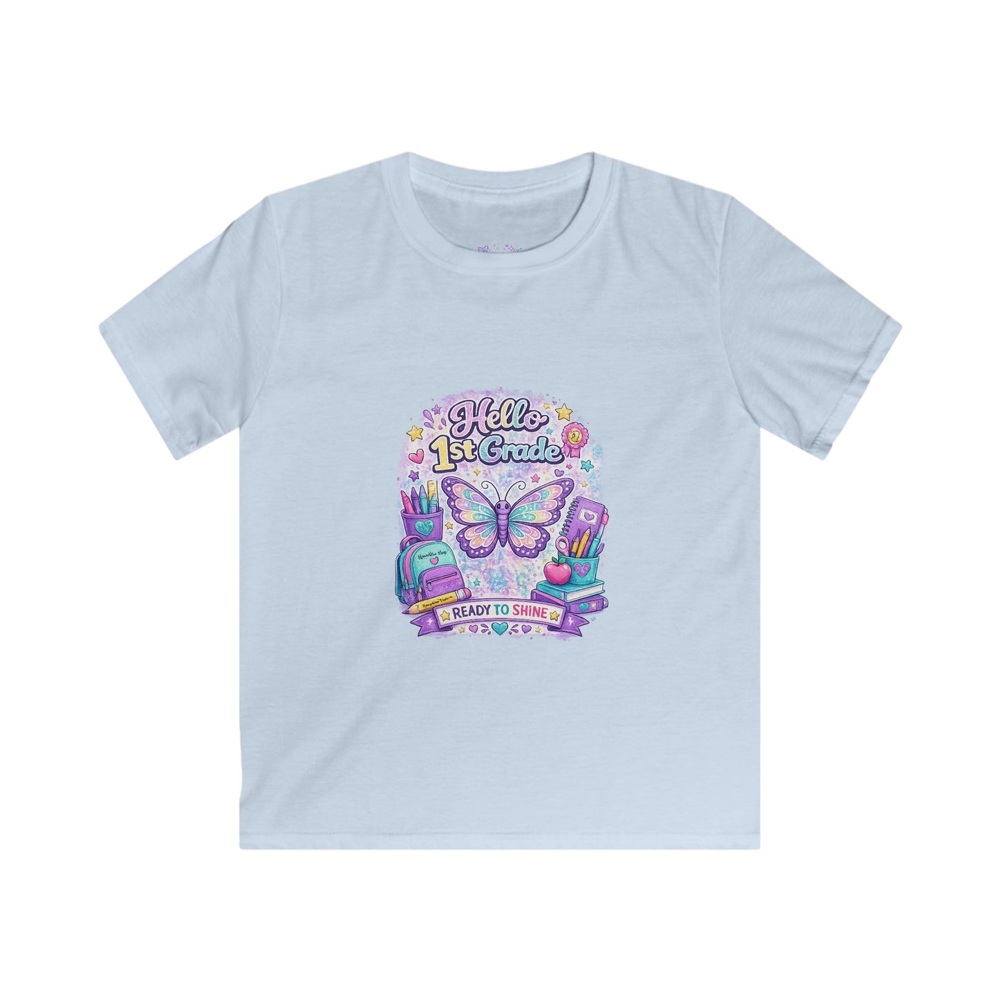 Hello 1st Grade Ready to Shine T-Shirt | First Grade Butterfly Shirt | First Day of School Tee | Back to School Kids Apparel 🦋📚🎒💜