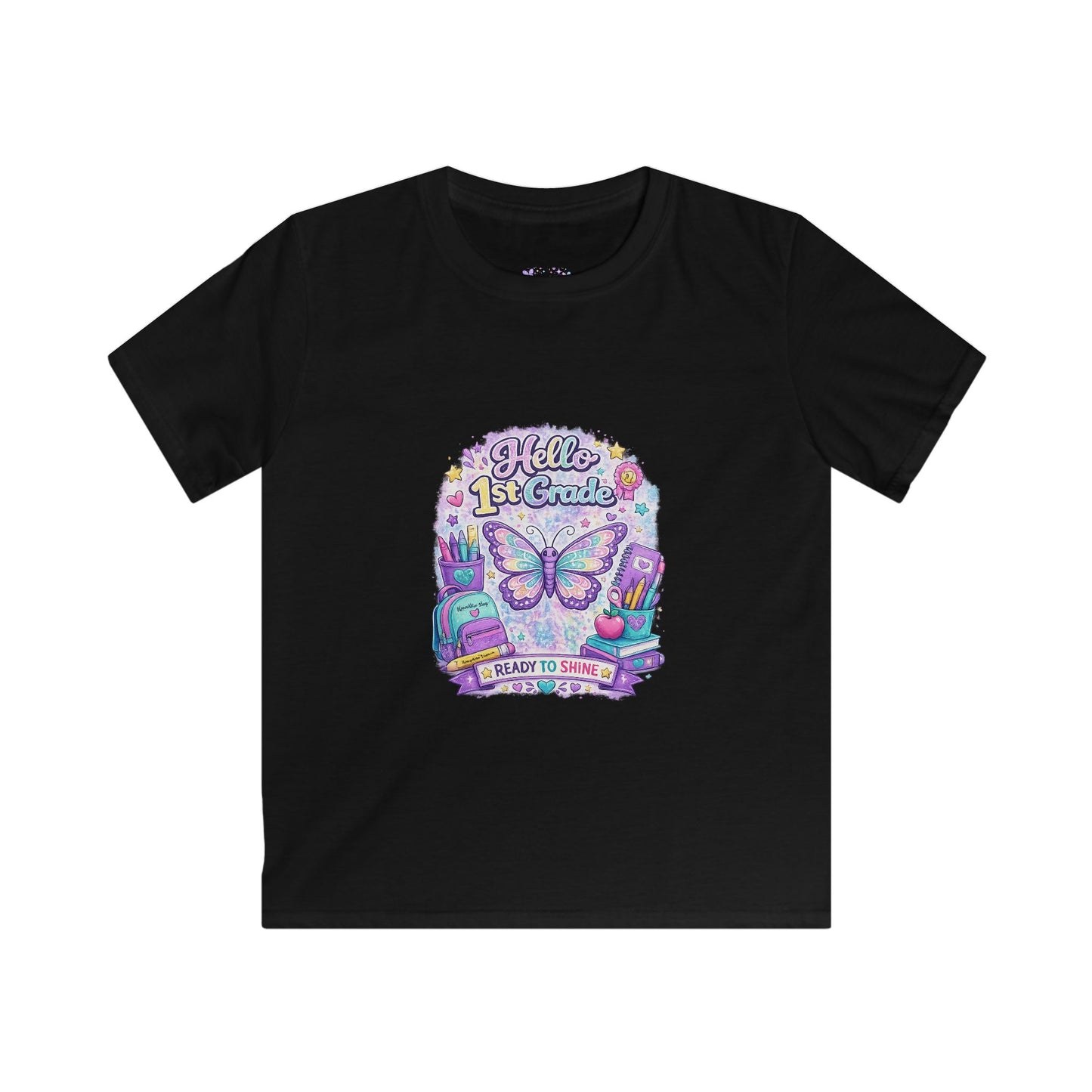 Hello 1st Grade Ready to Shine T-Shirt | First Grade Butterfly Shirt | First Day of School Tee | Back to School Kids Apparel 🦋📚🎒💜