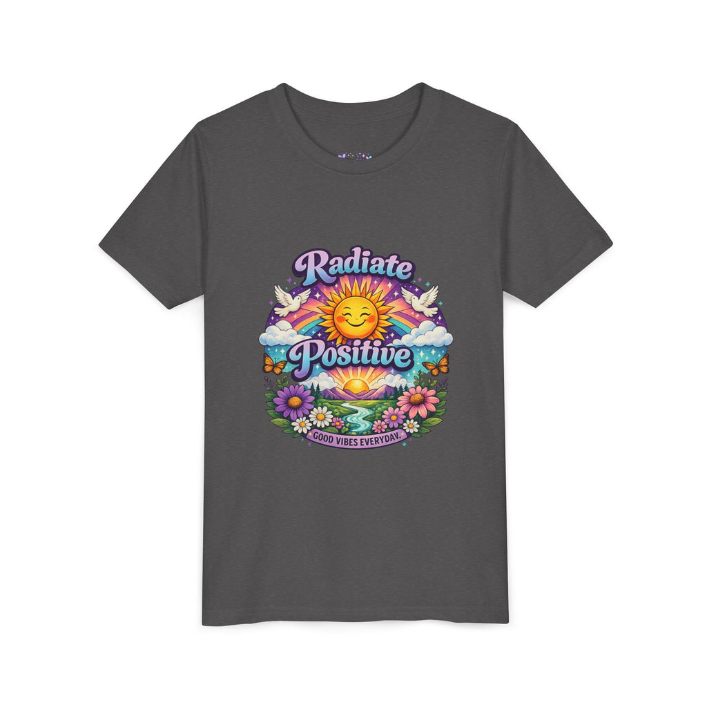 Youth Radiate Positive T-Shirt – Purple & Teal Retro Sunshine Inspirational Graphic Tee | Good Vibes Everyday Boho Floral Shirt | Motivational Mental Health Apparel