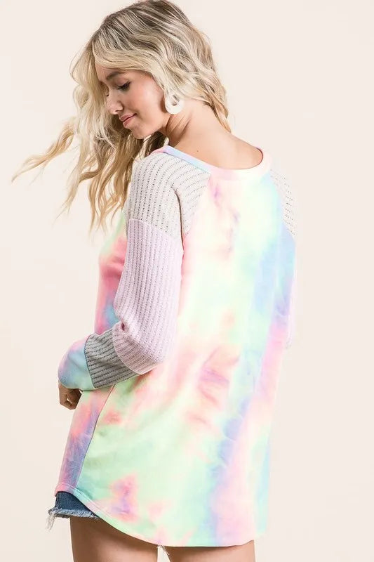 Tie Dye Terry Top With Color Block Pointelle Knit